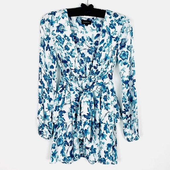 Majorelle Blue Floral Print Balloon Sleeve Plunge Tie Waist Ruffle Mini Dress - Picture 7 of 14